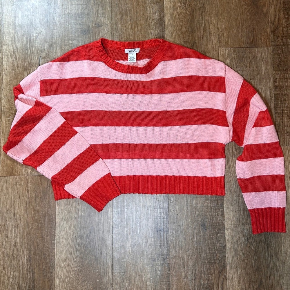 Rue21 Womens Red Pink Striped Cropped Knit Sweater Y2K Crew Neck Small